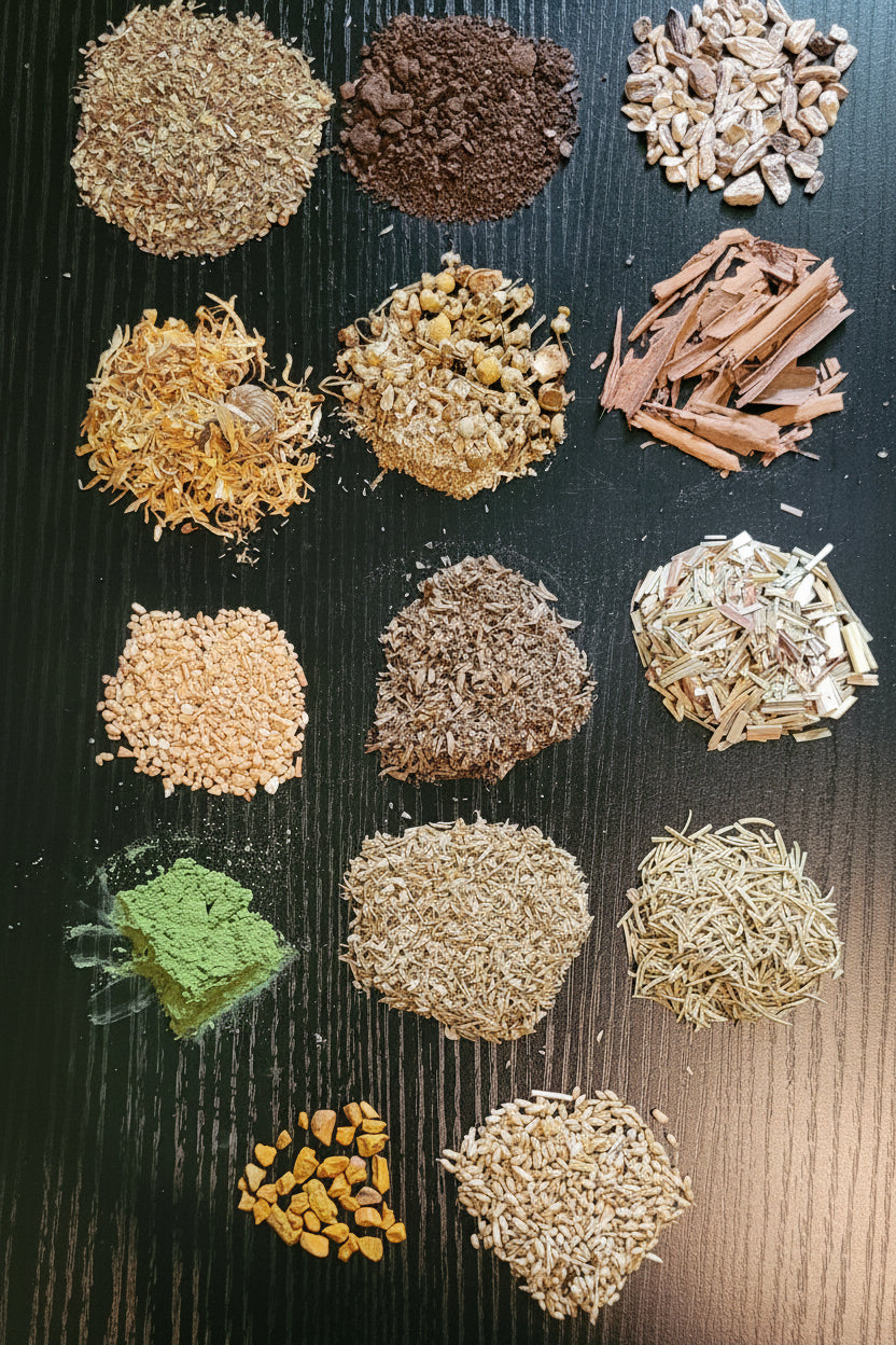Basil, Black Walnut Hull, Burdock Root, Calendula, Chamomile, Cinnamon Stick (Ceylon), Garlic (Minced), Lemon Balm Leaf, Lemon Grass, Moringa Leaf Powder, Oregano, Rosemary, Turmeric, & Yarrow Flower
