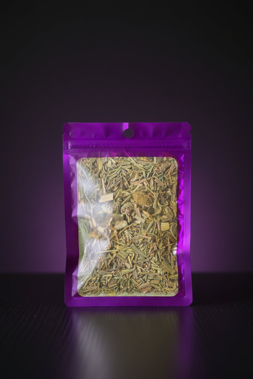 Itch Me Not Herbal Soak and Compress dried herb blend in purple resealable bag